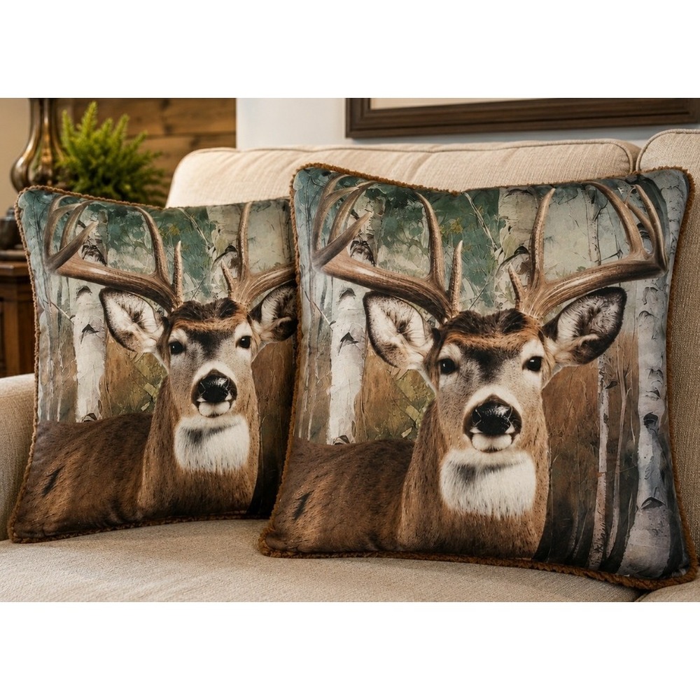 Whitetail Buck Deer Decorative Throw Pillows 18x18 NEW Brown Sherpa Set Of Two